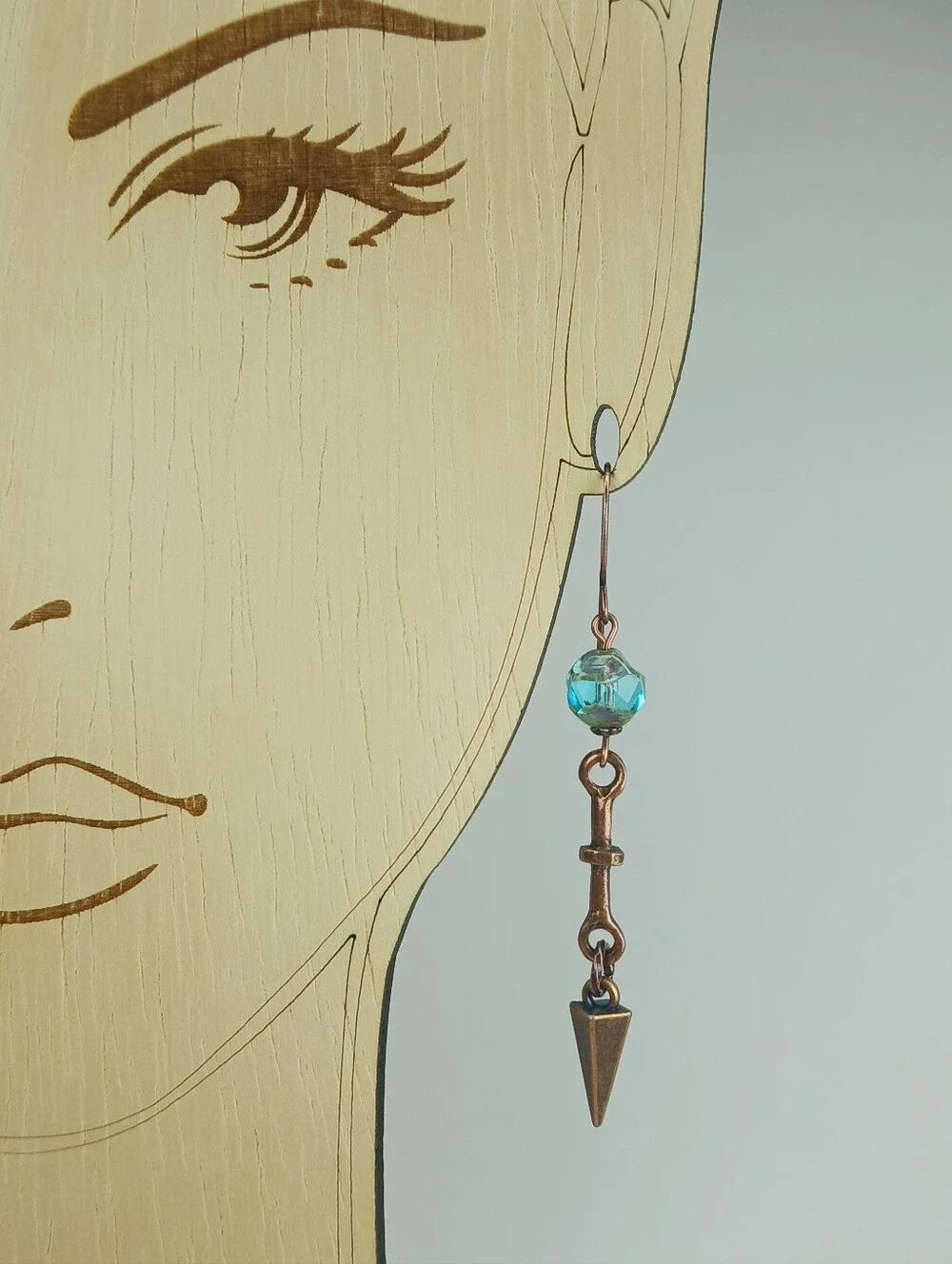 Aqua Czech Glass Spike Earrings Antiqued Copper Hand Crafted